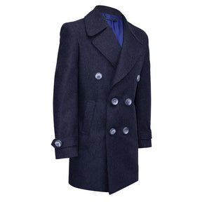 Dark grey double-breasted coat with wide lapels.