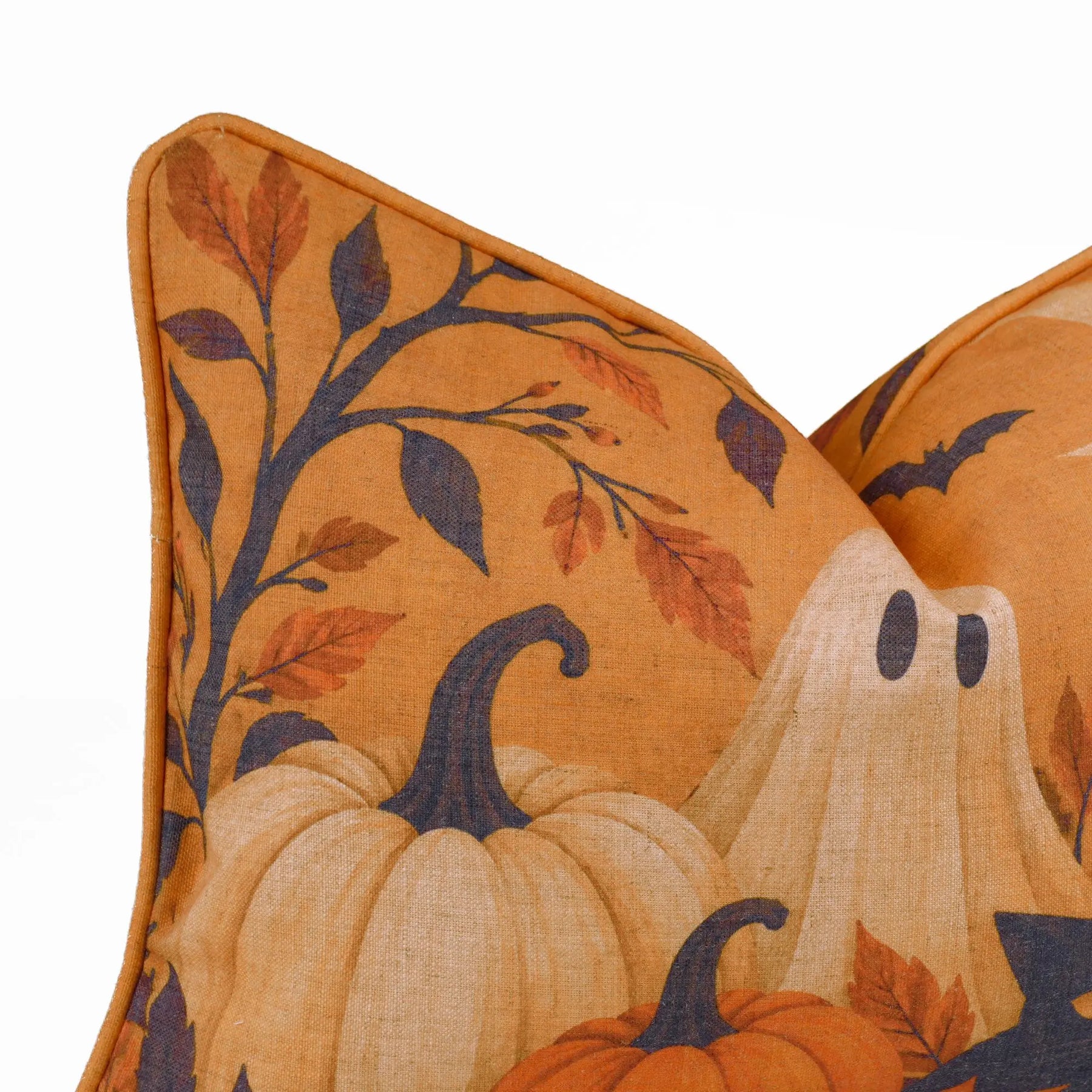 Spooky Linen Lumbar Piping Pillow Cover - Ghost Black Cat