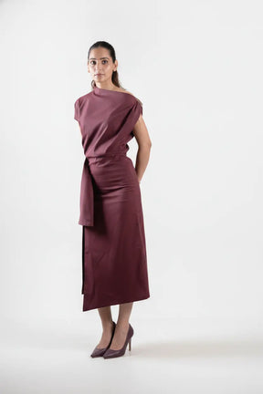 Wine One-shoulder Draped Midi Dress