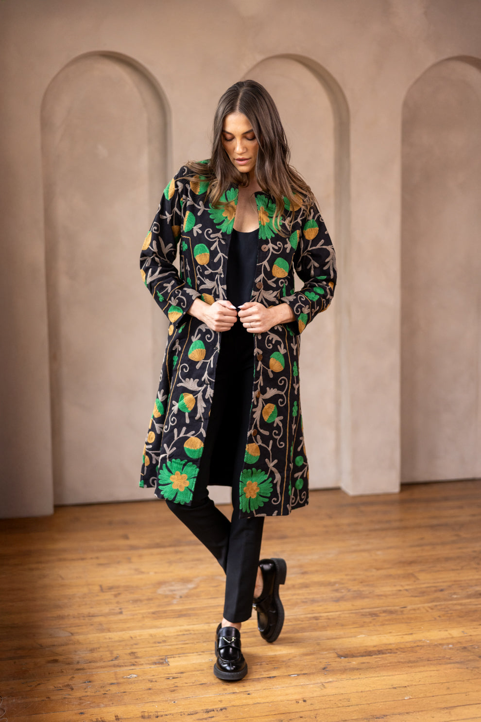 Malika Coats - Black with Green Embroidery