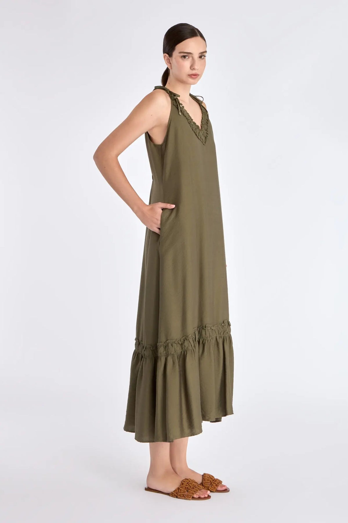 Blake Ruffle Detail Maxi Dress | Olive