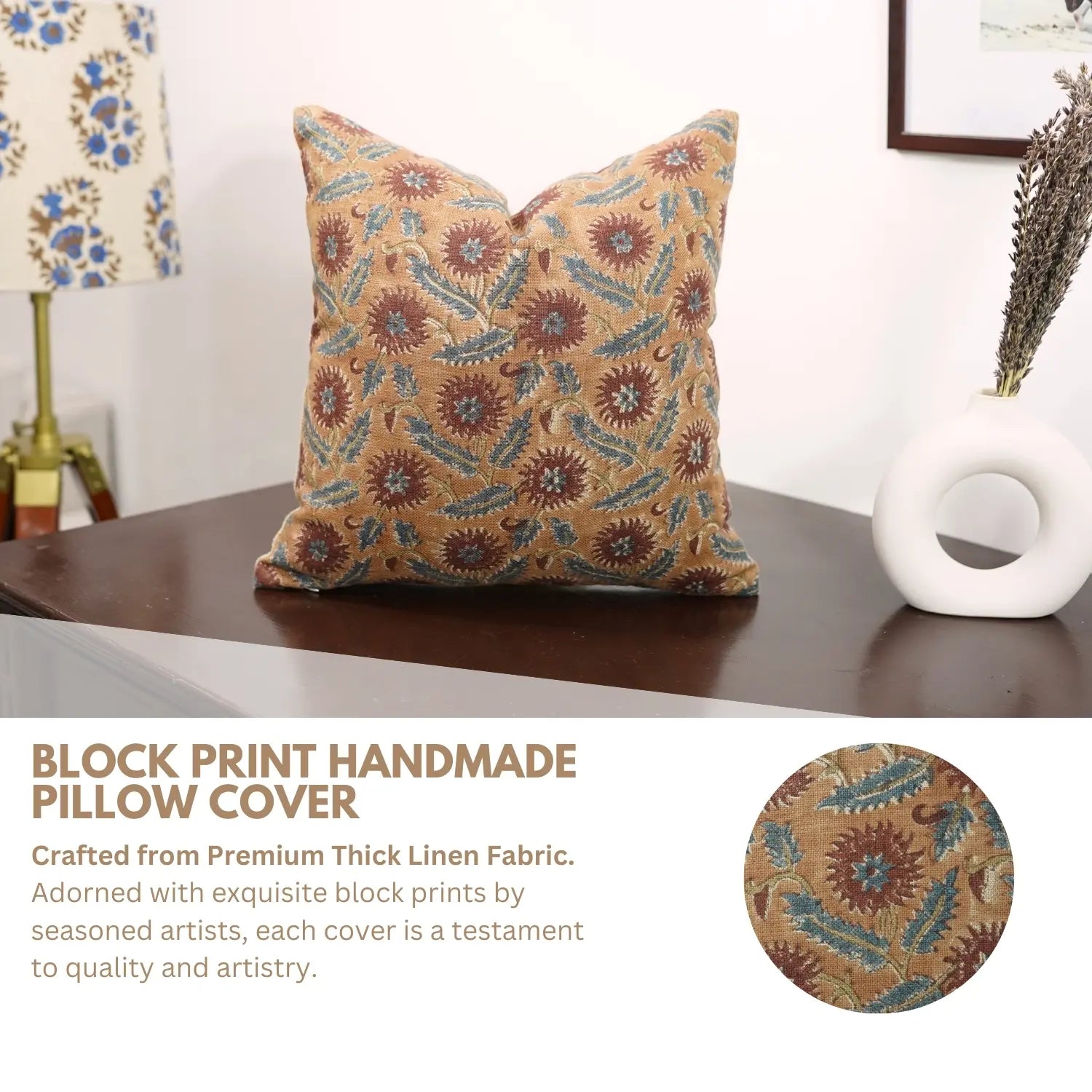 Hand Made Floral Pillow Cover Swarna Thick Linen