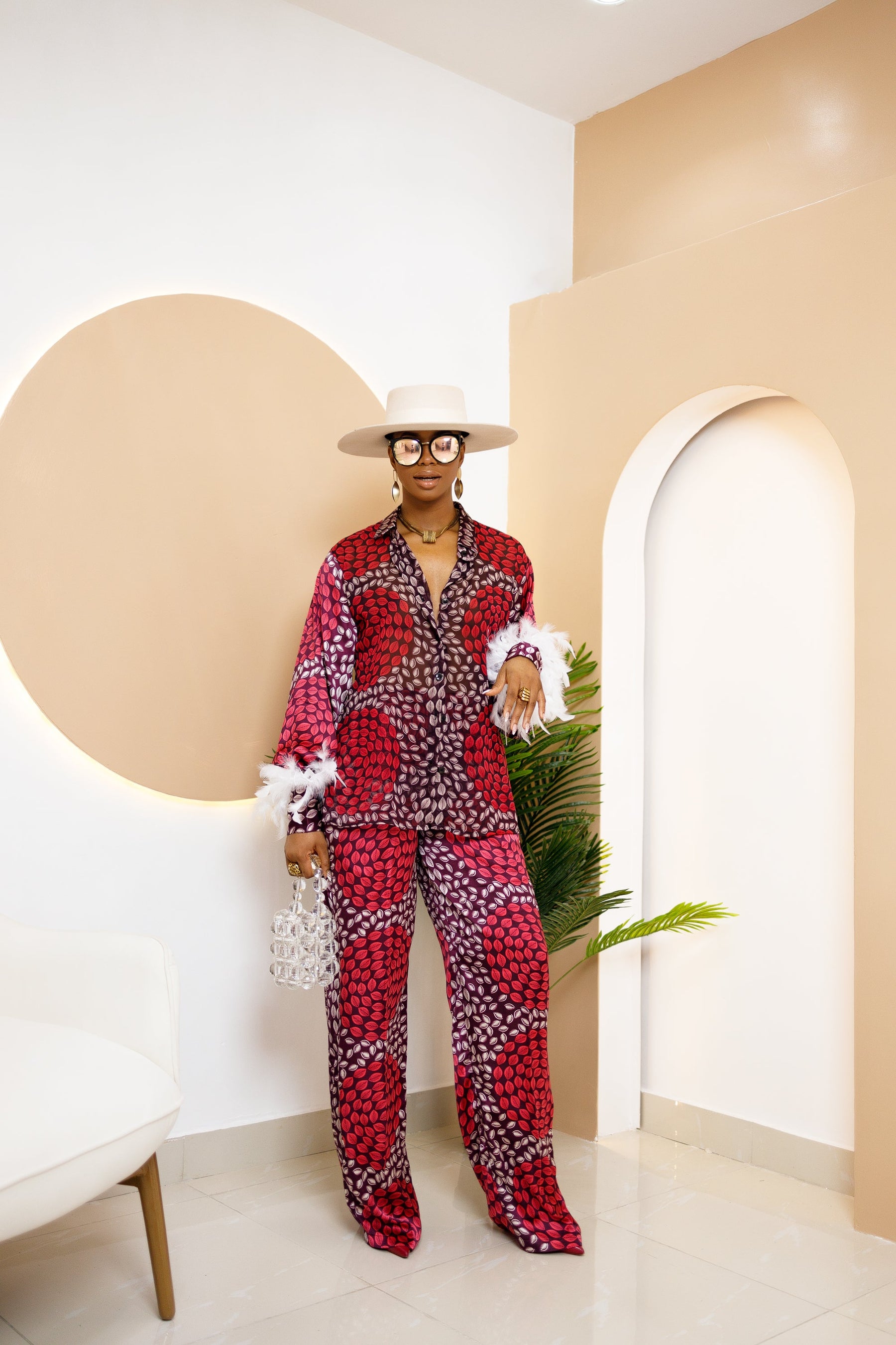 Ejuna Ankara Silk Two-Piece Set with Feathered Sleeves