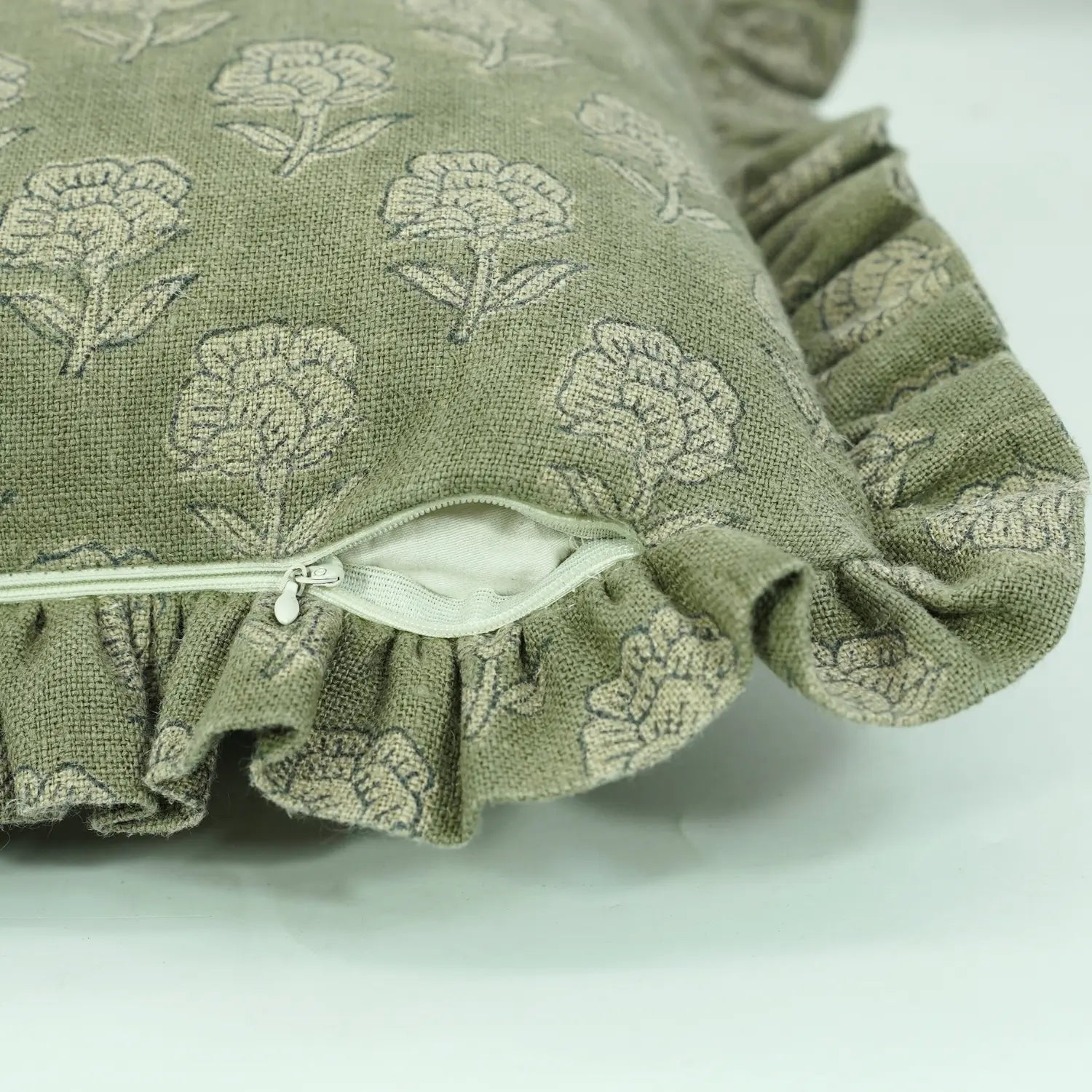 Hand Block Floral Frill Decorative Thick Linen Pillow Cover - Rohini