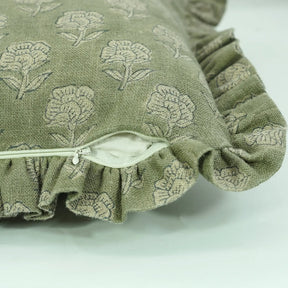 Hand Block Floral Frill Decorative Thick Linen Pillow Cover - Rohini