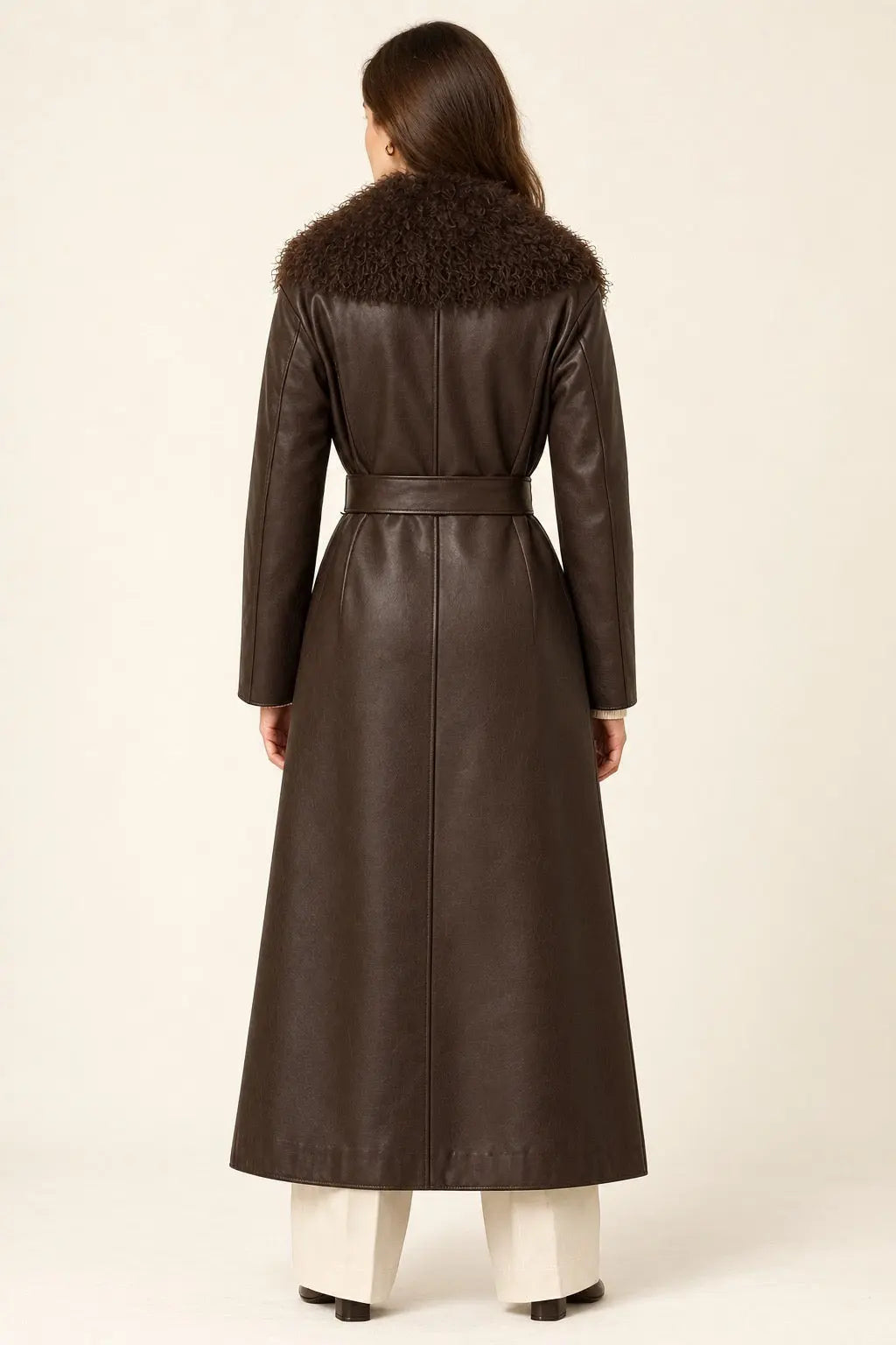 LeDark Brown Leather Trench Coat with Faux Fur Collarather