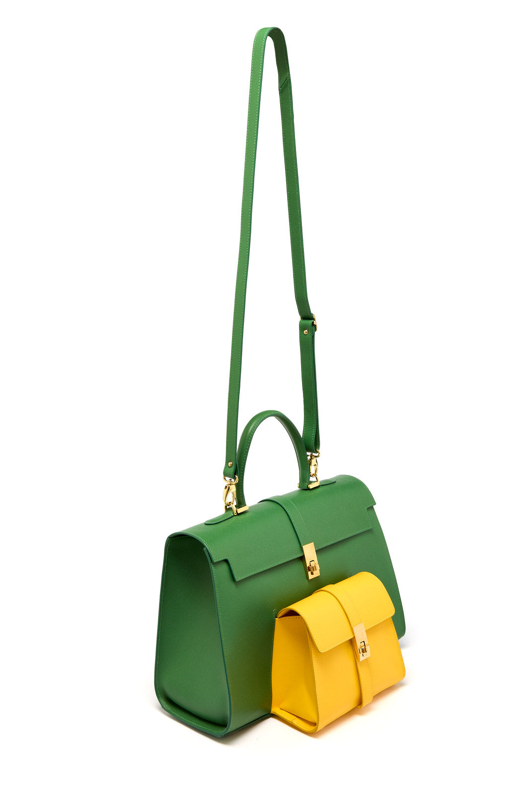 Ethereal Double Dose Saffiano Leather Handbag - Green & Yellow