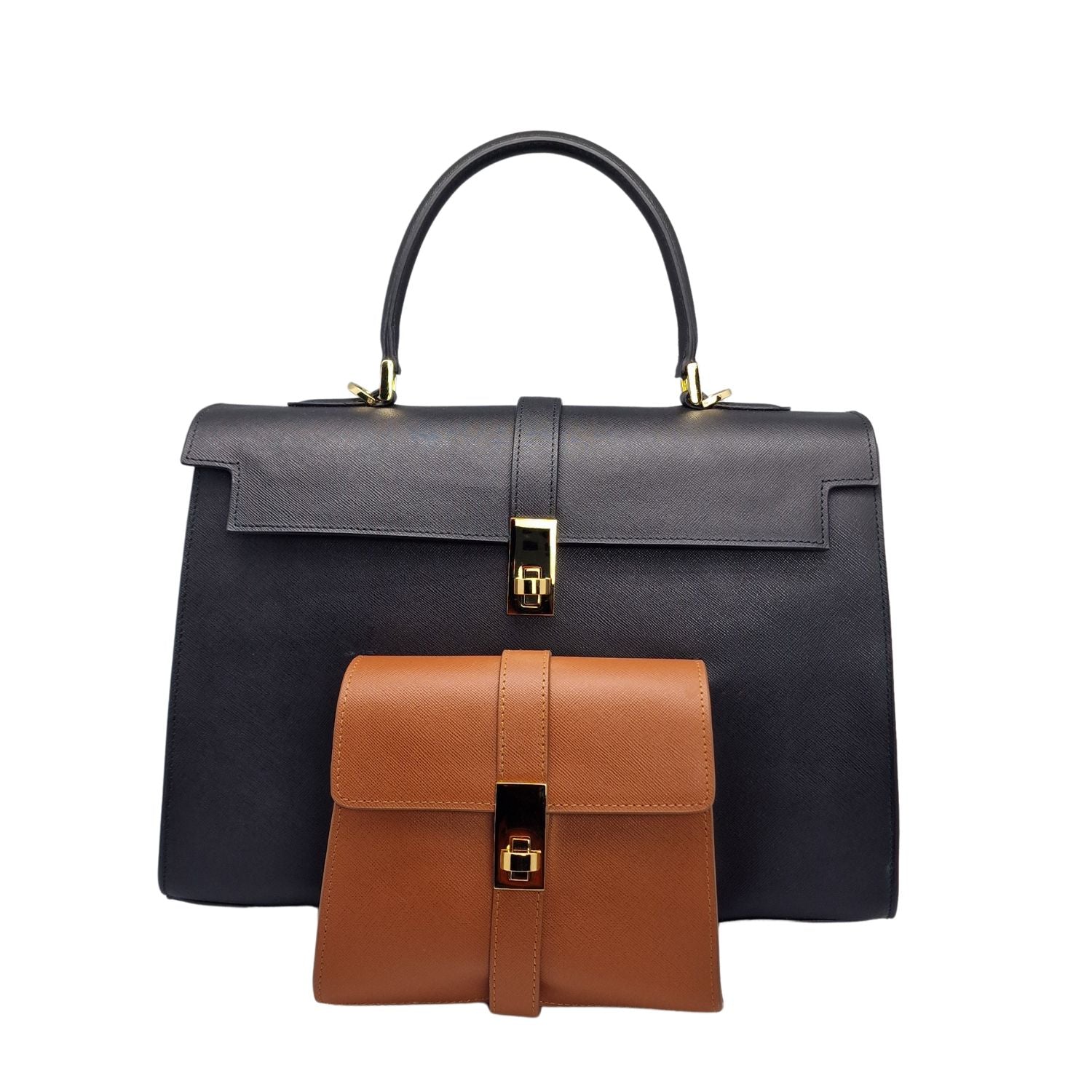 Ethereal Double Dose Bag In Saffiano Calf Leather - Black & Brown
