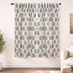 Semi Sheer Floral Block Print Linen Curtain Red Green Handmade Panel - Gudhal