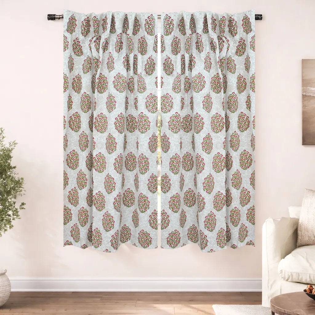 Gudhal Semi Sheer Floral Block Print Linen Curtain
