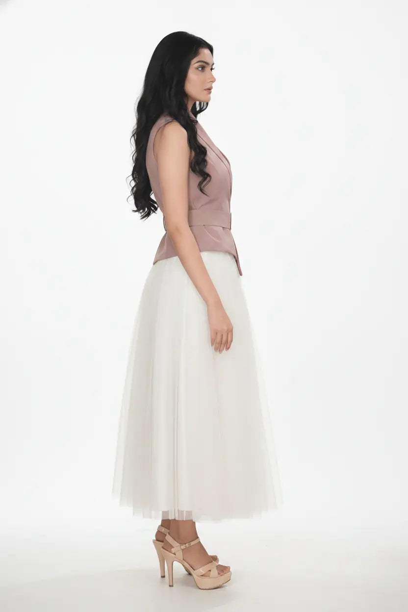 Ivory Skirt & Salmon Pink Waist Coat - Chic Harmony