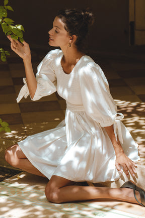 Jolie Puff Sleeve Linen Mini Dress  - White