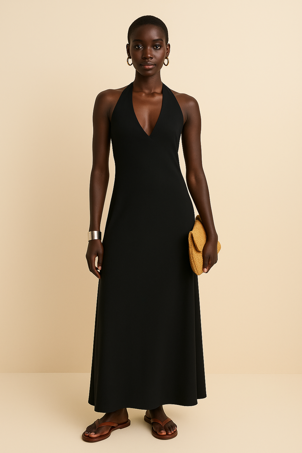 Sable Halter Maxi – Black Linen Evening Dress with Plunge Neck