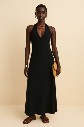 Sable Halter Maxi – Black Linen Evening Dress with Plunge Neck