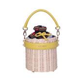 Yellow Leather & Straw Bucket Bag with Drawstring