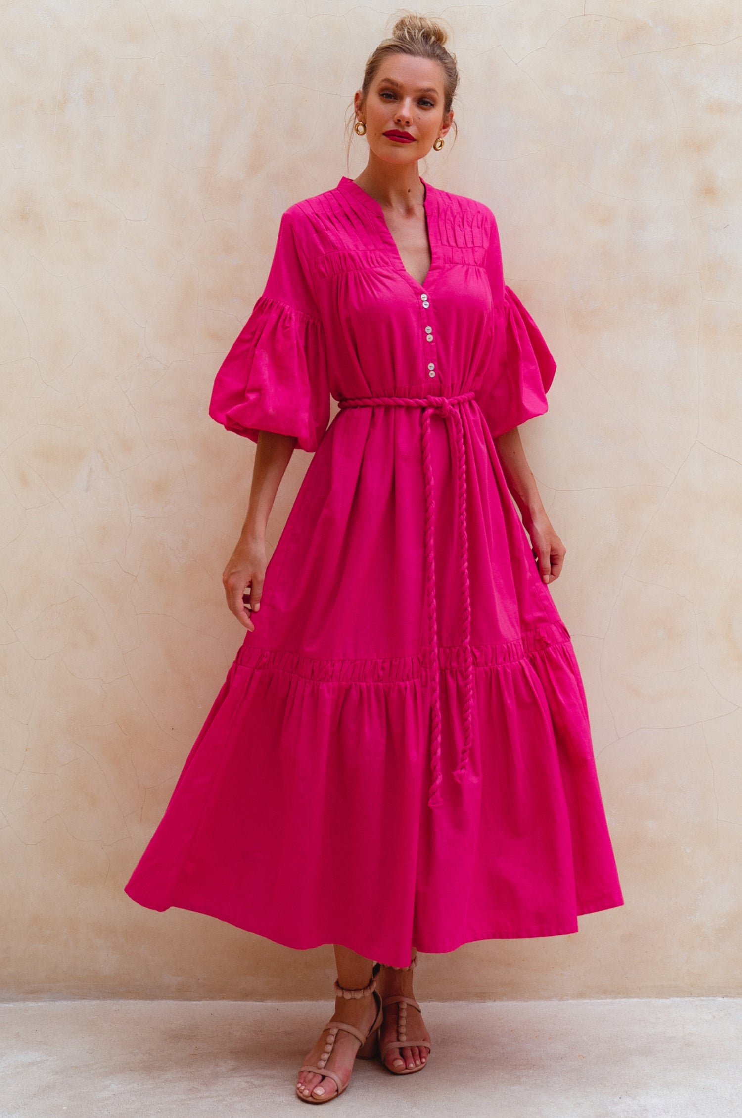 Oleana Puff Sleeve Maxi Dress - Magenta