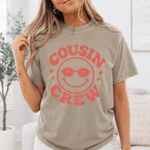 Cousin Crew Smiley Face Graphic T-Shirt | Khaki Olive Retro Family Reunion Cotton Tee