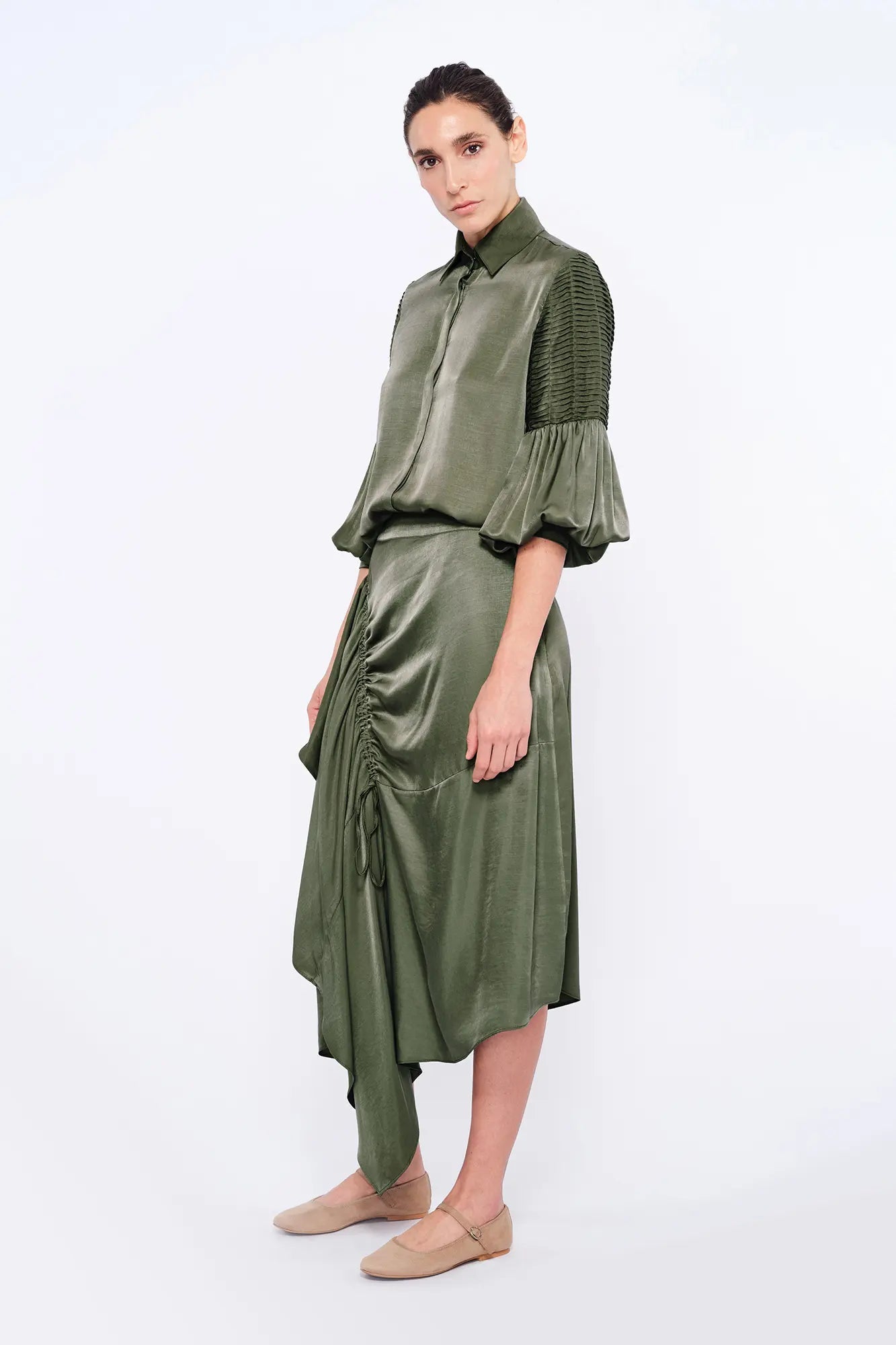 Olenka Asymmetric Ruched Skirt | Olive