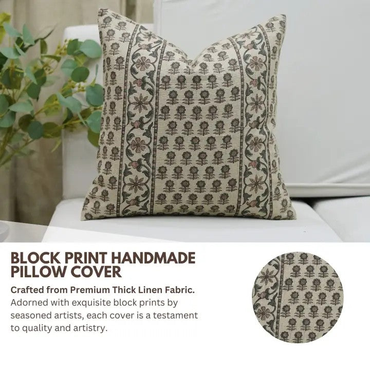 Boho Block Print Thick Linen Cushion Cover - Anamika Border
