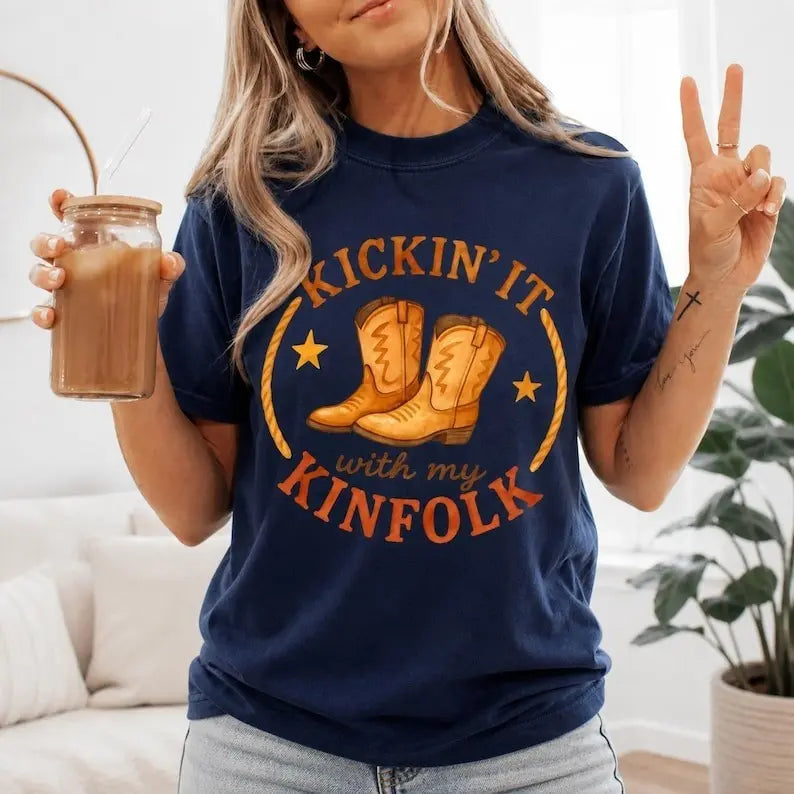 Kickin' It With My Kinfolk Western Graphic T-Shirt | Country Cowboy Boots Navy Cotton Tee