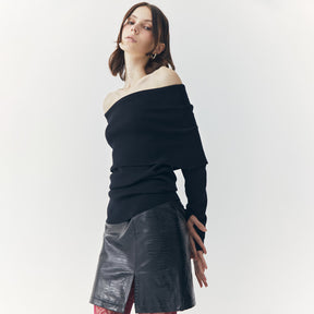 TESS BLACK CROC EMBOSSED LEATHER MINI SLIT SKIRT
