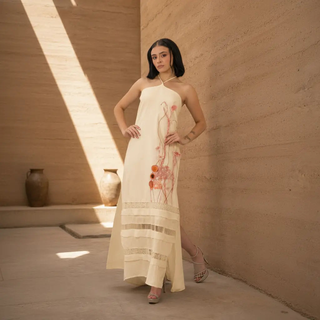 Ancestral Dawn by PASALUMAC – Halter Linen Maxi Dress with Hand-Embroidered and Painted Details