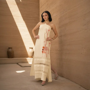 Ancestral Dawn by PASALUMAC – Halter Linen Maxi Dress with Hand-Embroidered and Painted Details