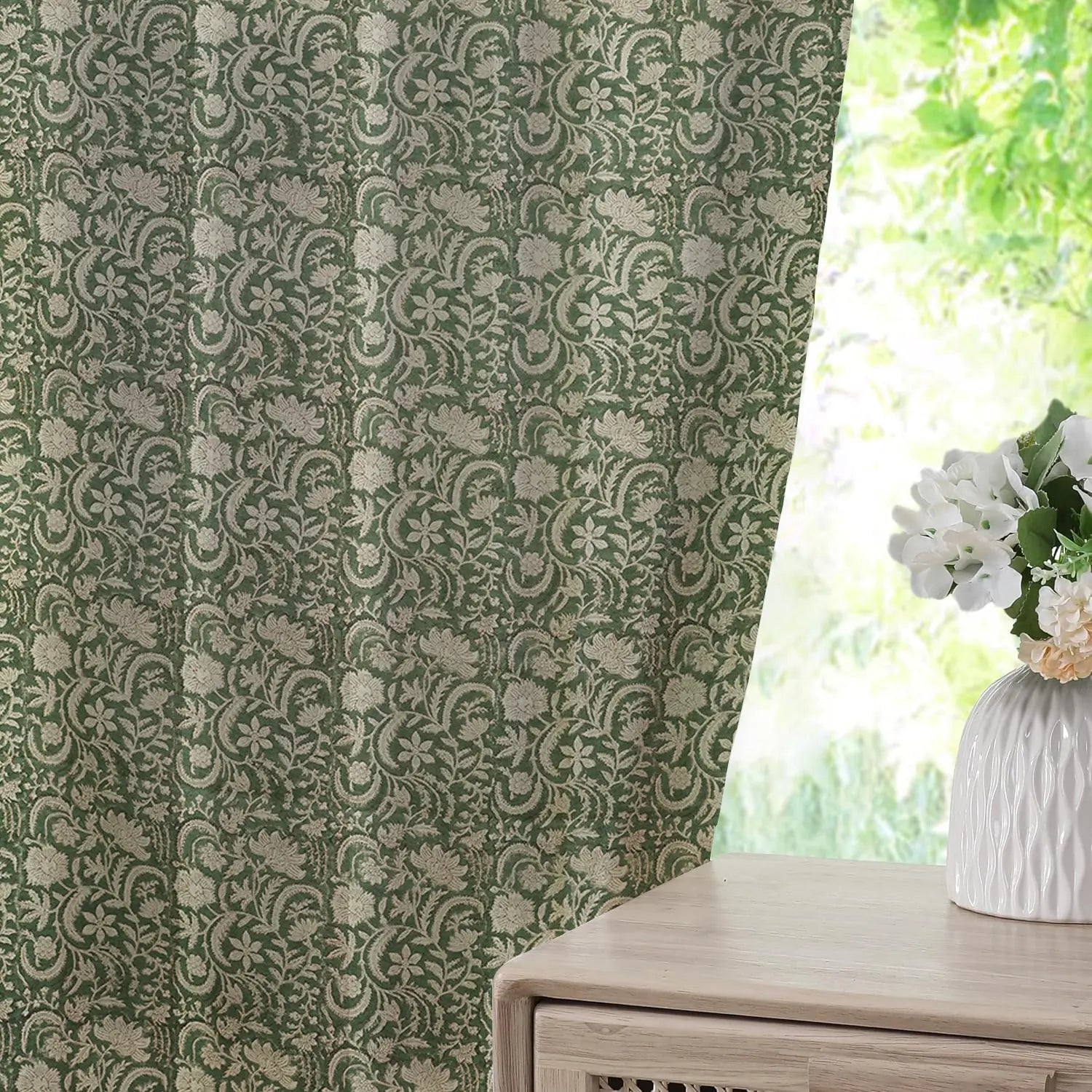 Natural Block Print Thick Linen Window Curtain - Kundanvan
