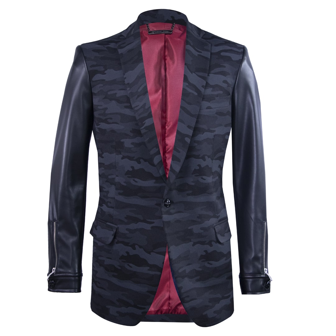Gray camouflage blazer combined with synthetic leather