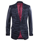 Gray camouflage blazer combined with synthetic leather