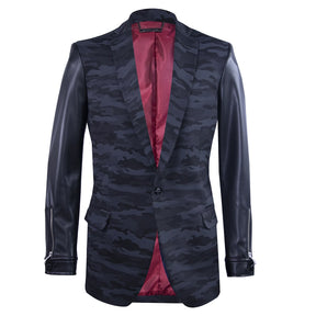 Gray camouflage blazer combined with synthetic leather
