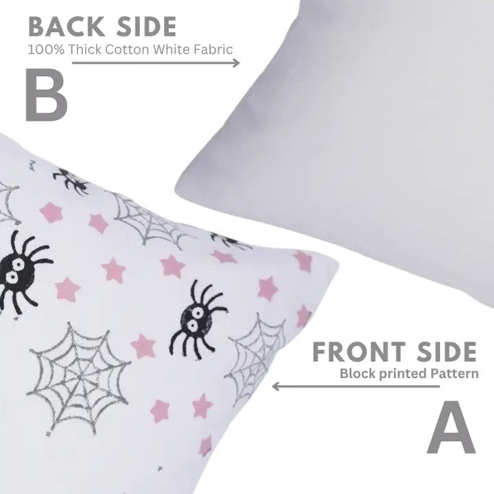 Hallowen Design  Handmade Block Print Thick Cotton White Pillow Cover -Spider Web