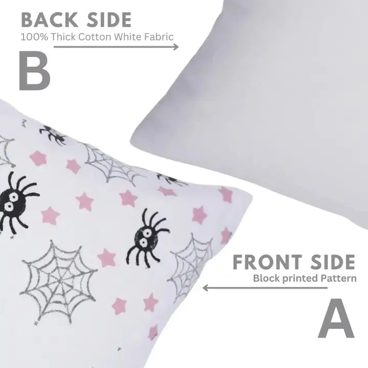 Hallowen Design  Handmade Block Print Thick Cotton White Pillow Cover -Spider Web
