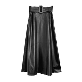 Genuine Sheep Leather Belted Midi Skirt