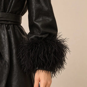 Black Textured Leather Trench Coat with Feather-Style Fur Trim