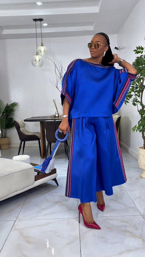 Yayo Box top with Culottes Silk and Asooke pant set (Electric Blue)