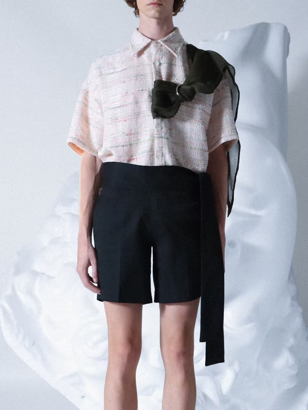 Green-stoled Pink Tweed Boxy Short Shirt