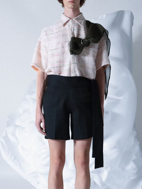 Green-stoled Pink Tweed Boxy Short Shirt