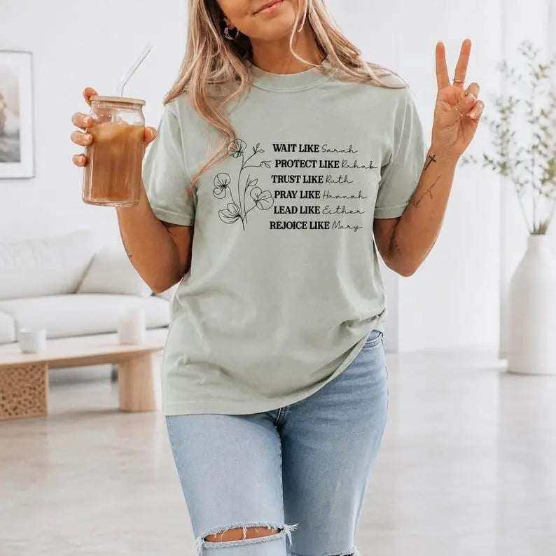 Wait Like Sarah Women Of The Bible Floral Graphic T-Shirt | Sage Green Christian Faith Cotton Tee