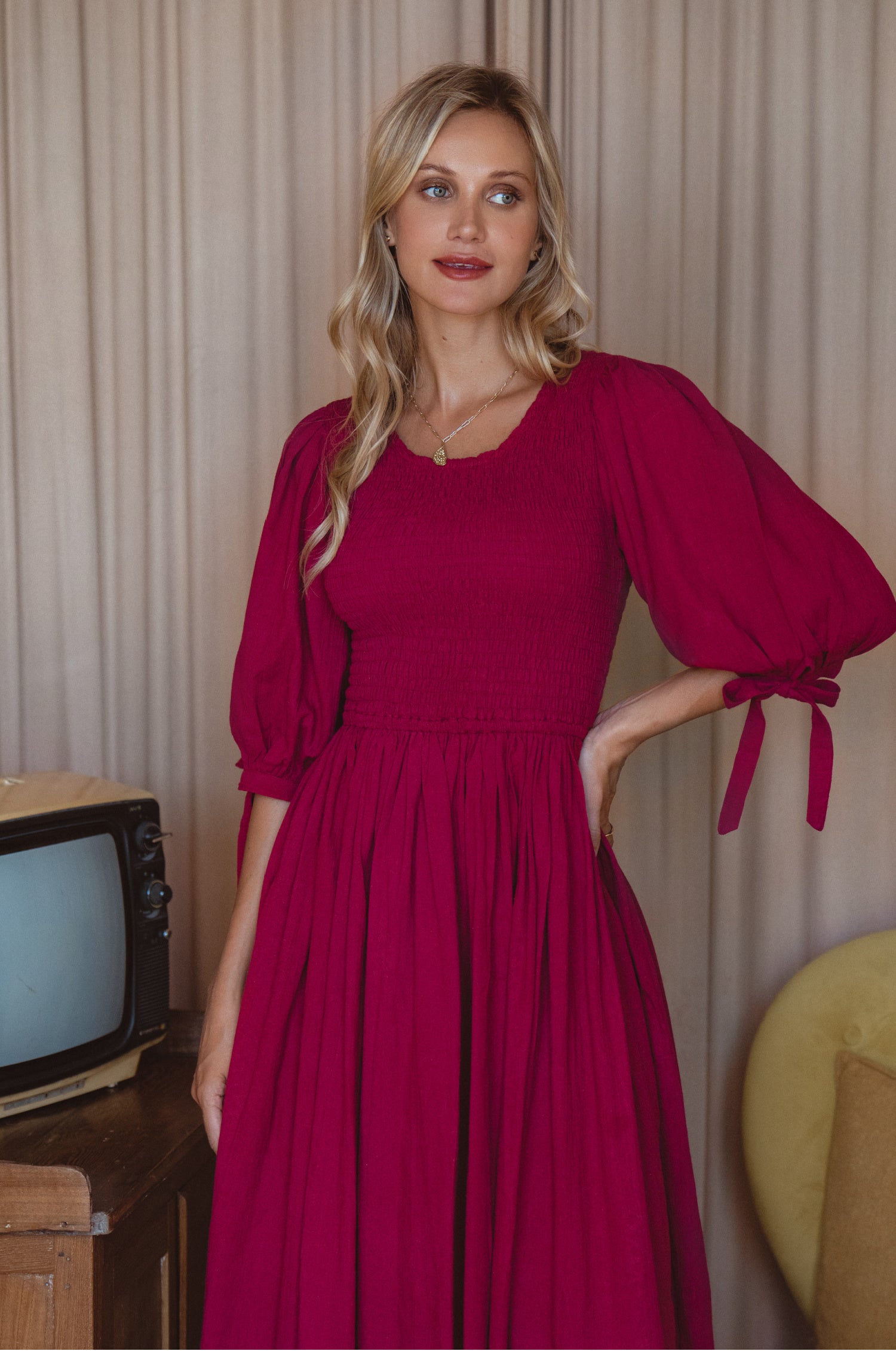 Freya Smocked Linen Midi Dress - Sangria