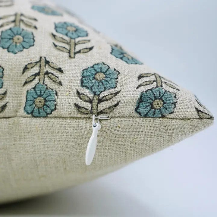 Hancrafted Hand-Craved Block Printed Design Pure Linen Pillow Cover - Tulsi Buti