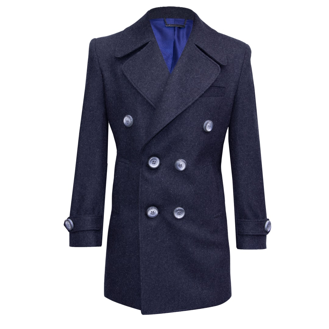 Dark grey double-breasted coat with wide lapels.