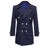 Dark grey double-breasted coat with wide lapels.