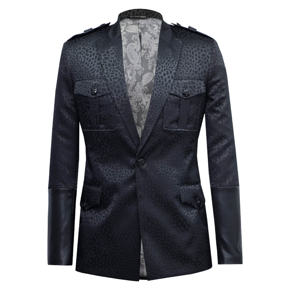 Black Animal Print Blazer Featuring Synthetic Leather Accents
