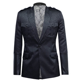 Black Animal Print Blazer Featuring Synthetic Leather Accents