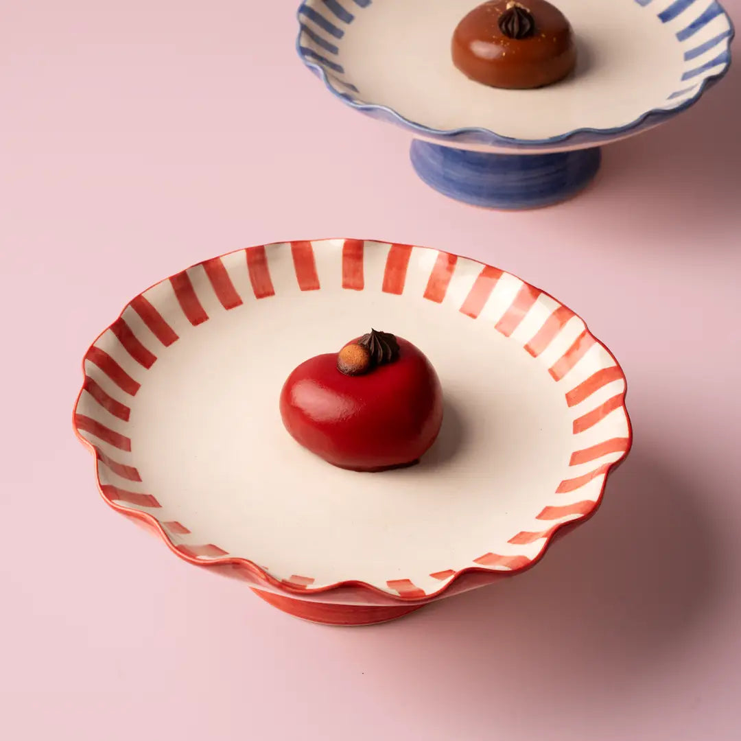 Ceramic Stripe Cake Stand,Red - 10 x 10 x 3.75 Inches