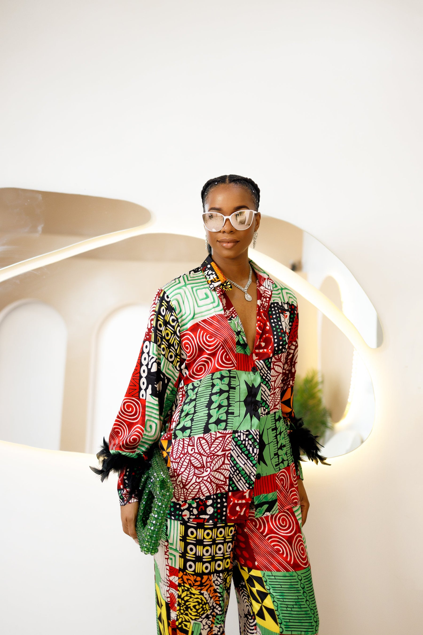 Ogongoko Ankara Silk Two-Piece Set with Feathered Sleeves