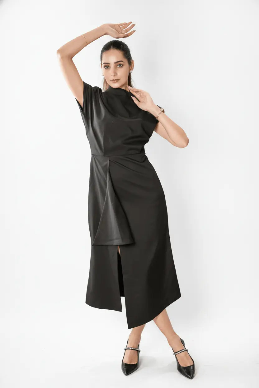 Black One-shoulder Draped Midi Dress