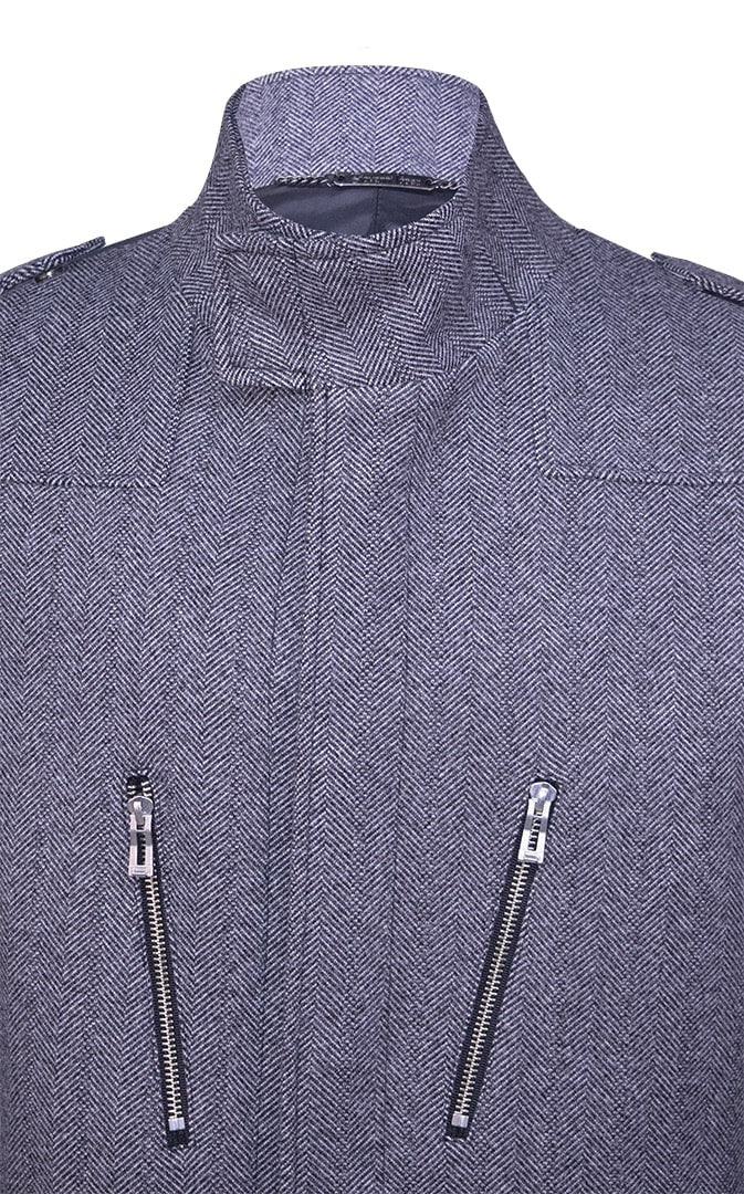 Gray coat featuring snaps and zipper details