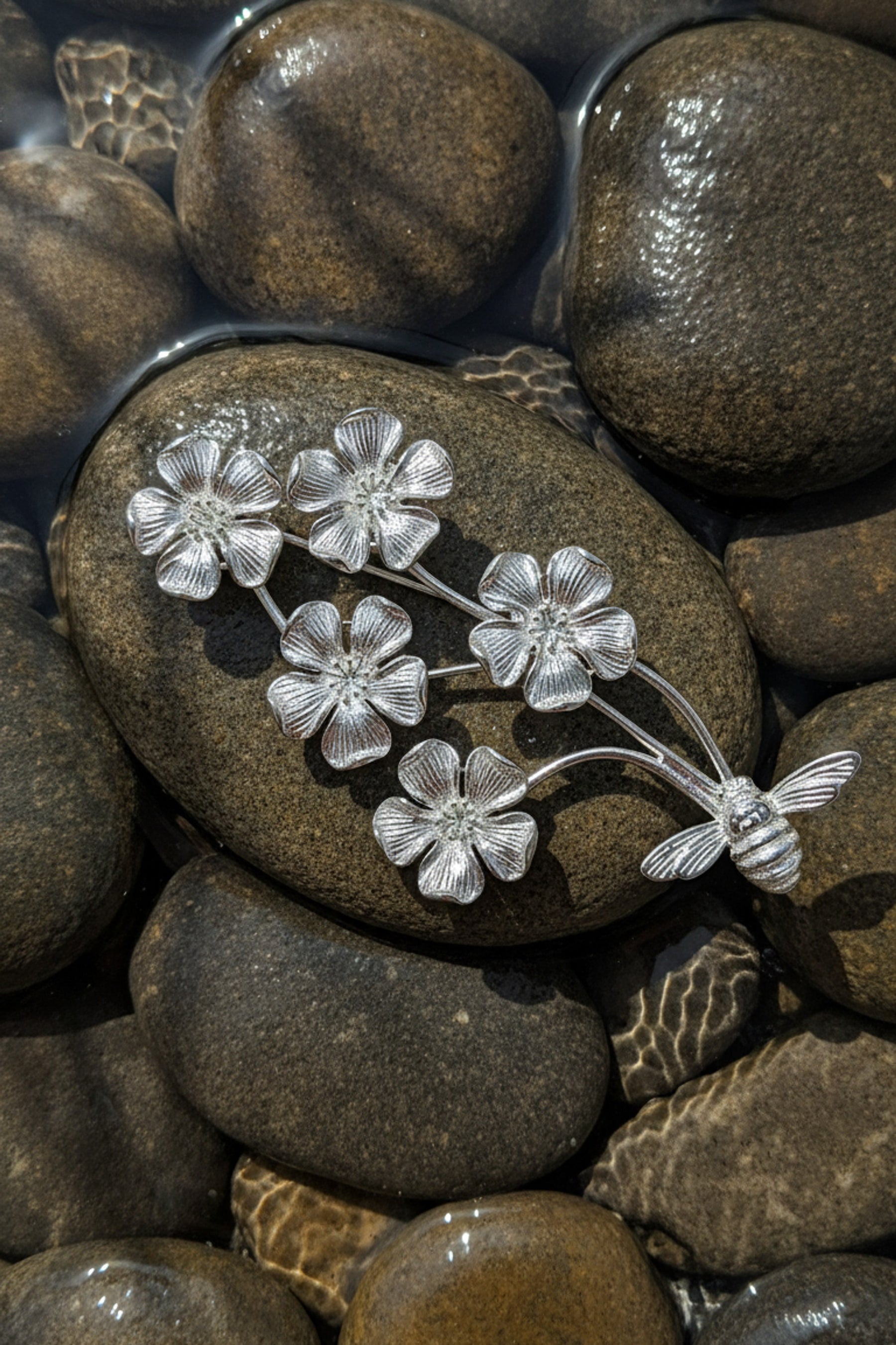 Silver Bee Floral Brooch